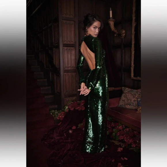 HOUSE OF CB 'Belle' Pine Green Sequin‎ Maxi Dress NWOT size XS - Picture 2 of 13